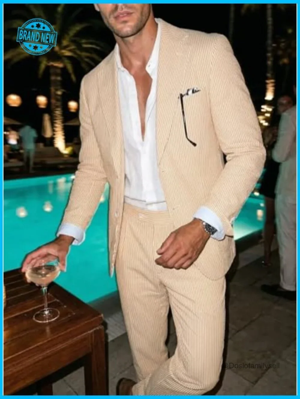 Seersucker Suit Set Slim Fit Formal Wedding Summer Groom Outfit Classic